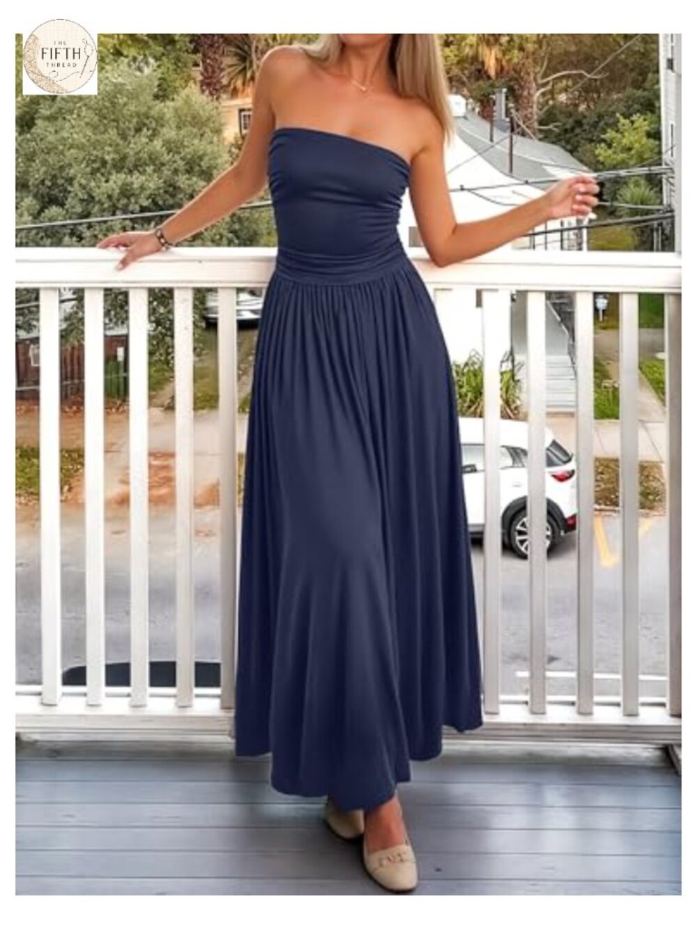 Strapless Ruched Midi Sundress Flowy A-Line Wedding Guest Dress